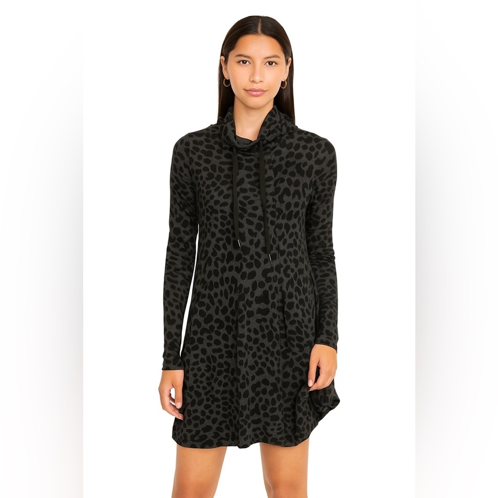 Kensie Leopard Hoodie Dress Black Gray Long Sleeve A-Line Casual Medium